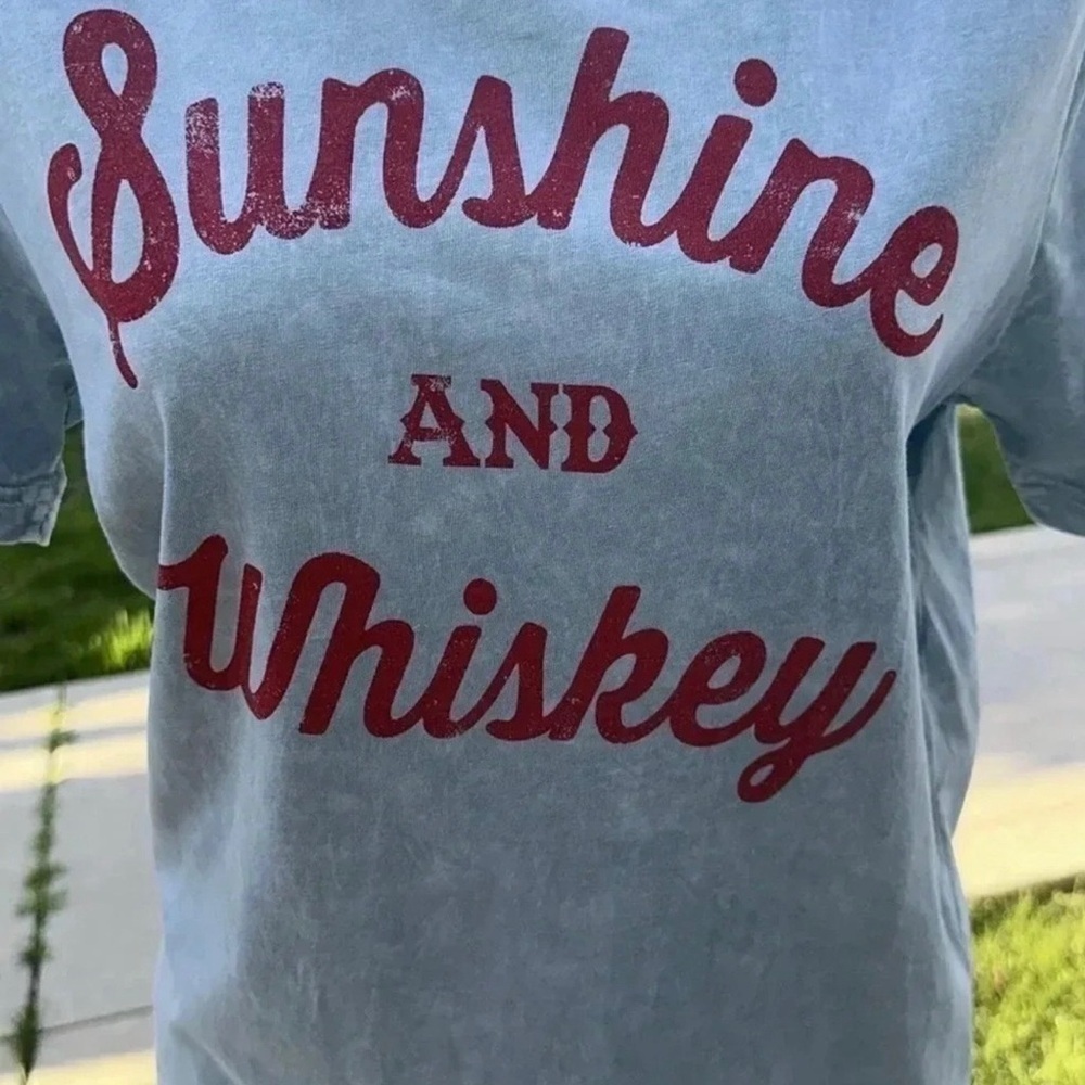 RUSS TEE “SUNSHINE AND WHISKEY Women’s Size Sm Made IN THE USA Teal White Wash. - Picture 3 of 4